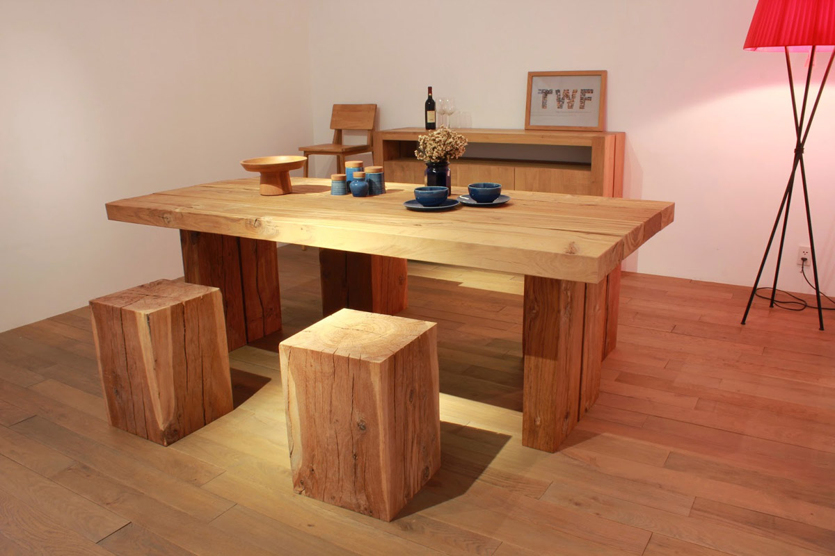Bộ bàn ghế uống trà sang trọng, ấm áp bằng gỗ ghép thanh