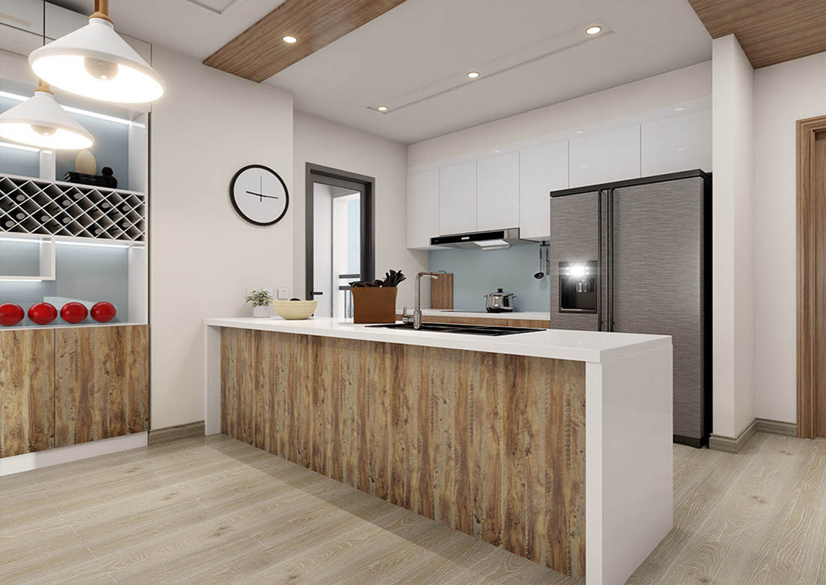 Thiết kế tủ bếp gia đình đẹp với gỗ ghép thanh